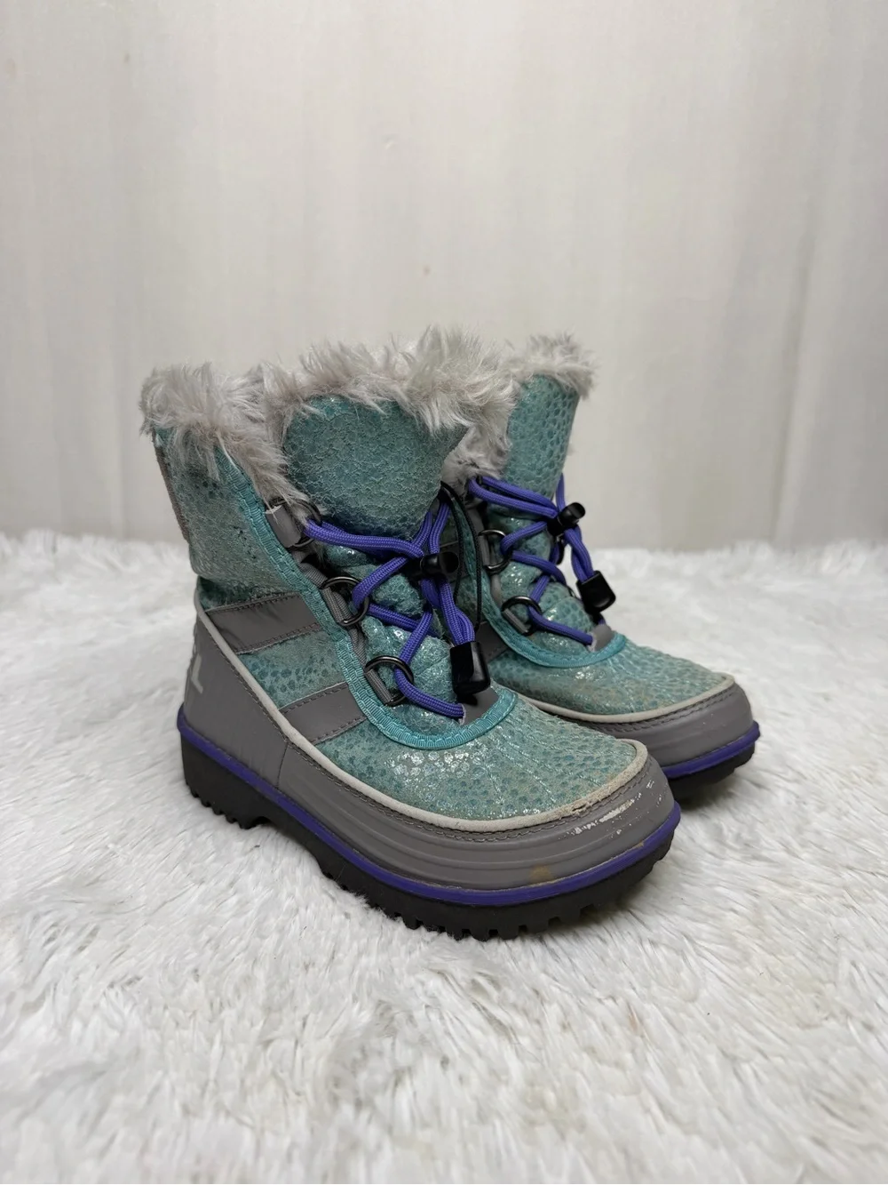 SOREL / NC1878 blue sparkle fur lined winter snow boots / 12 (toddler girl)